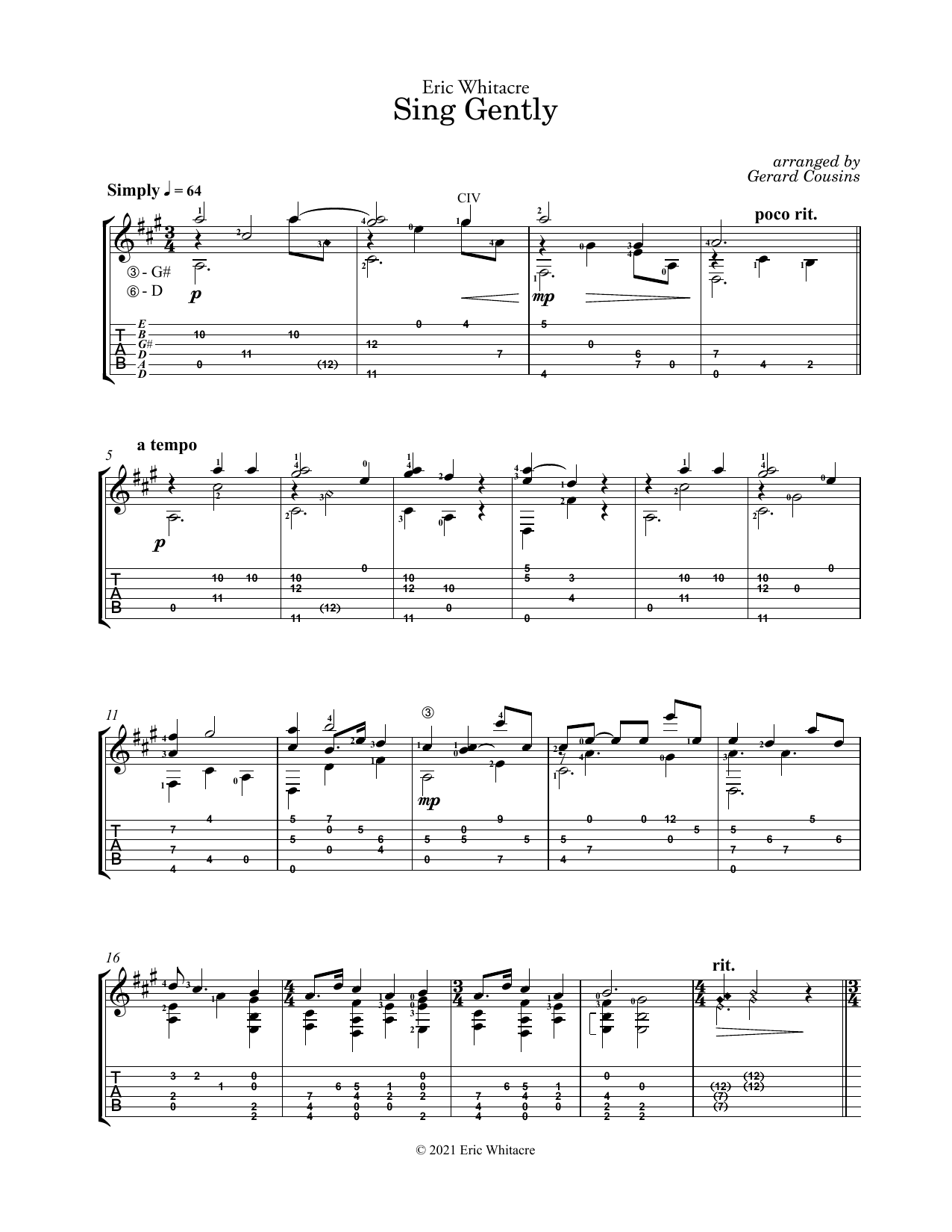 Eric Whitacre Sing Gently (arr. Gerard Cousins) Sheet Music