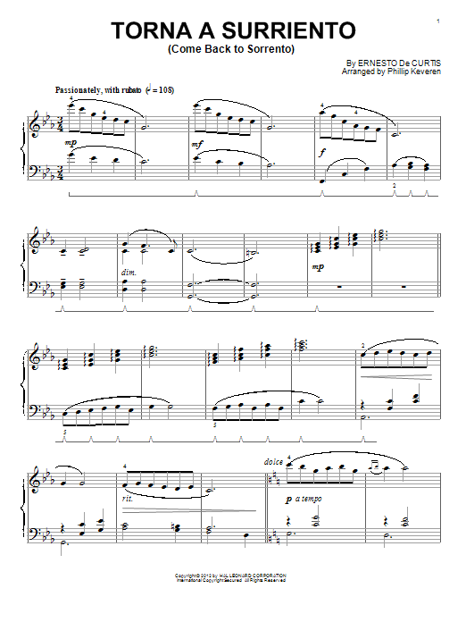 Ernesto de Curtis Come Back To Sorrento (arr. Phillip Keveren) Sheet Music