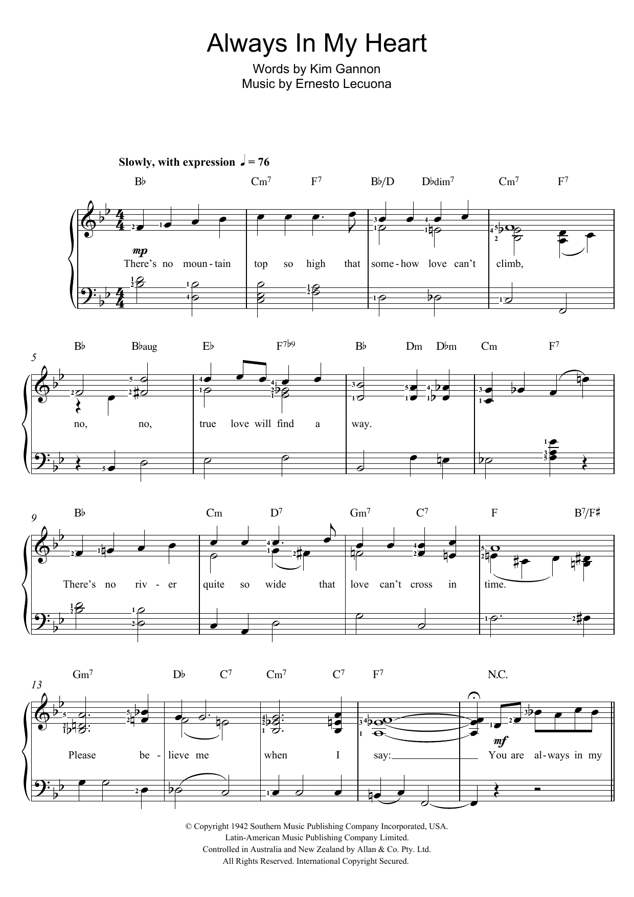 Ernesto Lecuona Always In My Heart Sheet Music