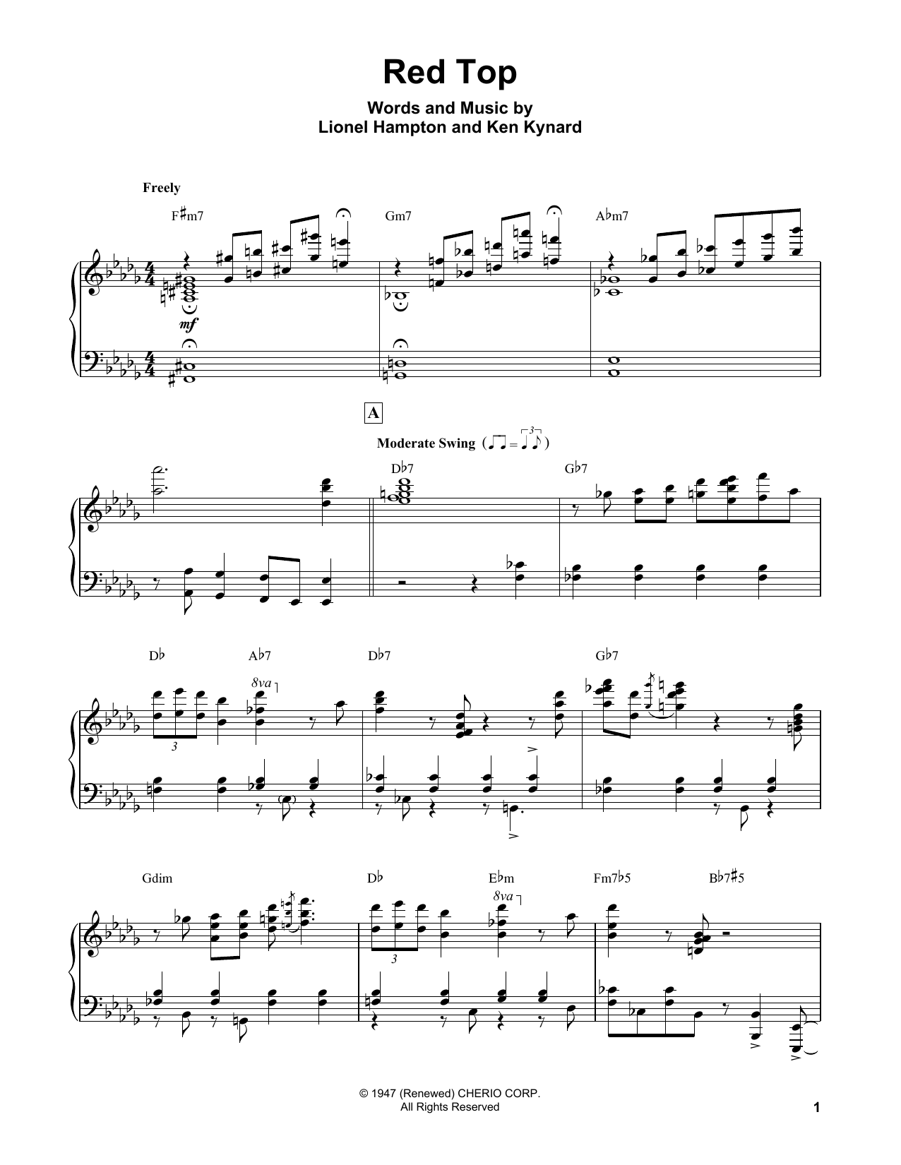 Erroll Garner Red Top Sheet Music