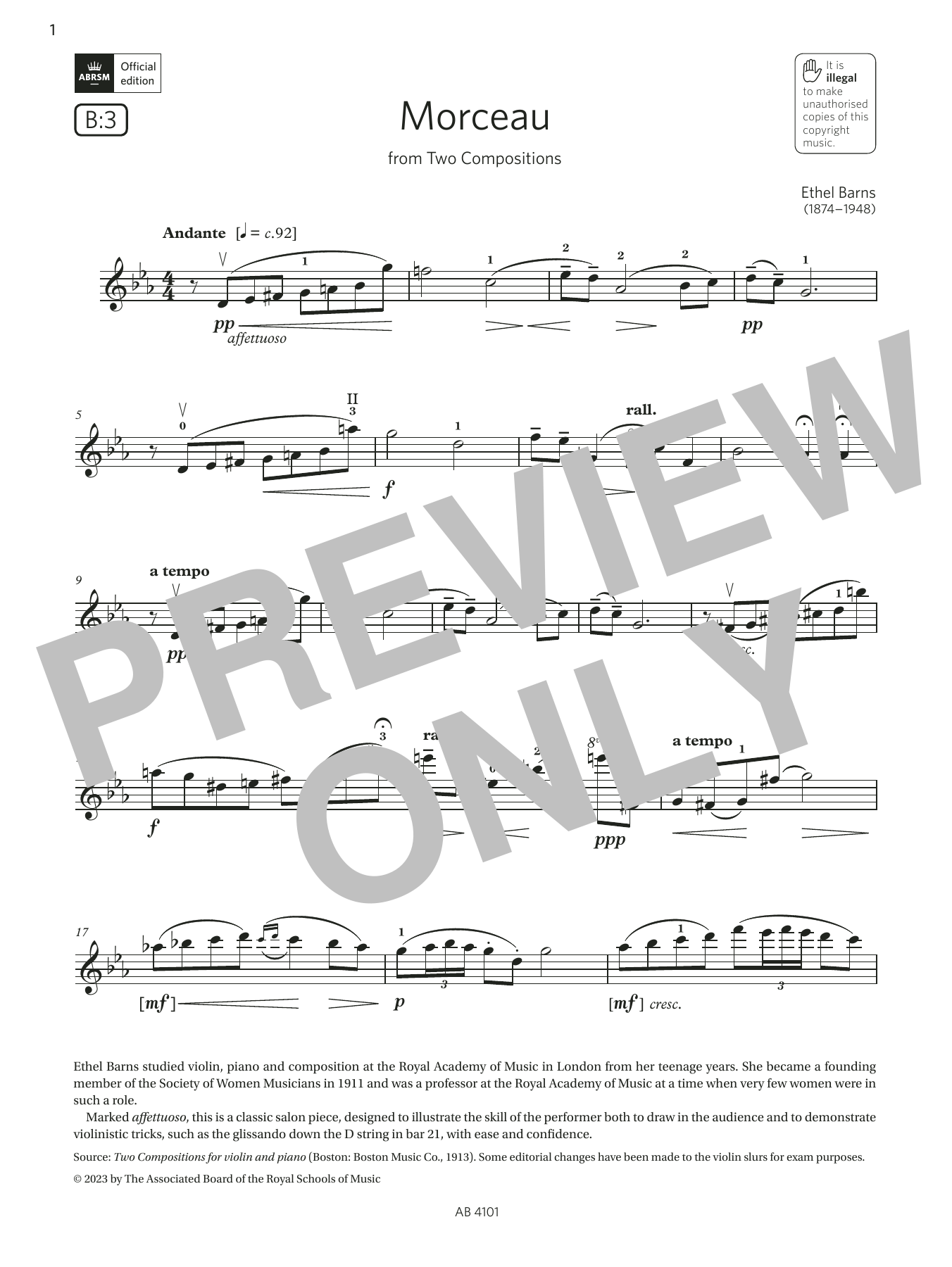 Ethel Barns Morceau (Grade 7, B3, from the ABRSM Violin Syllabus from 2024) Sheet Music