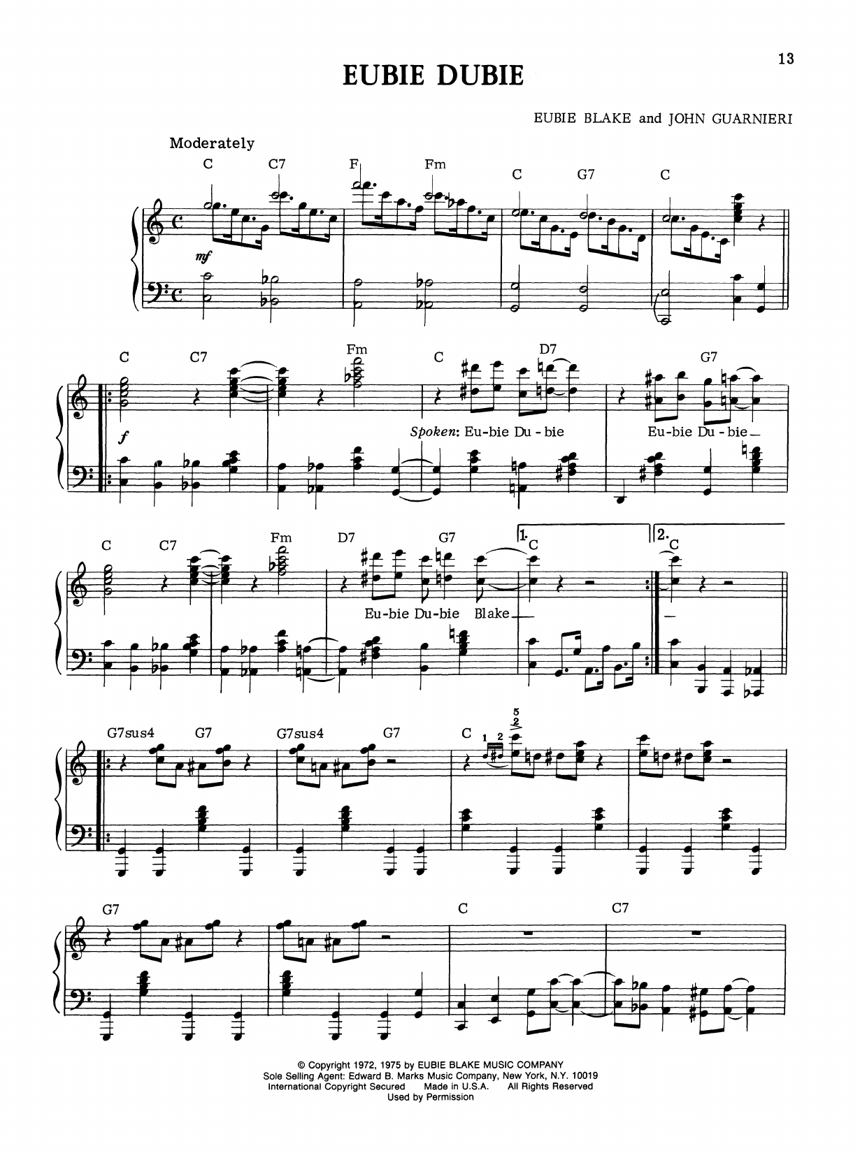 Eubie Blake Eubie Dubie Sheet Music