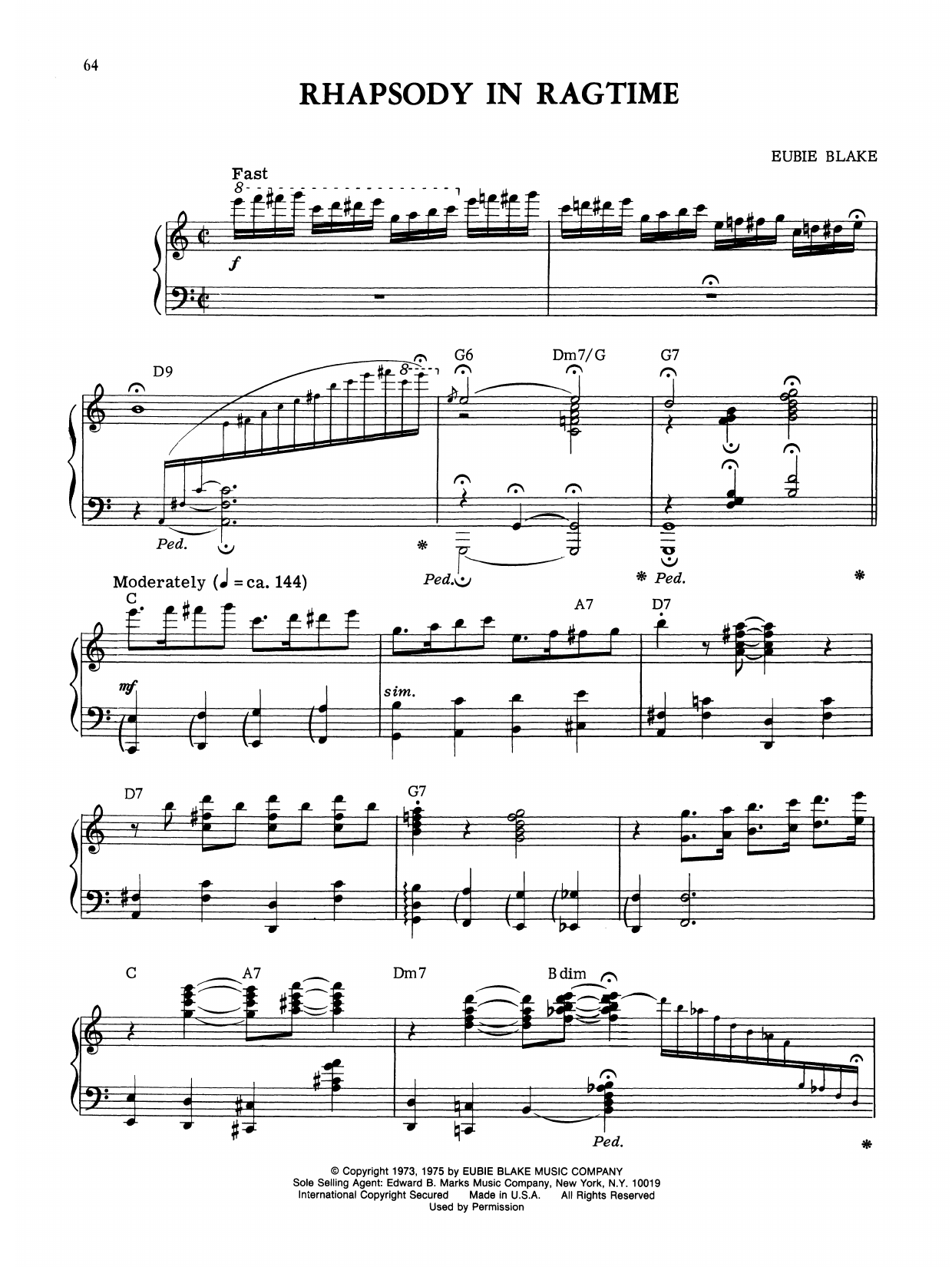 Eubie Blake Rhapsody In Ragtime Sheet Music