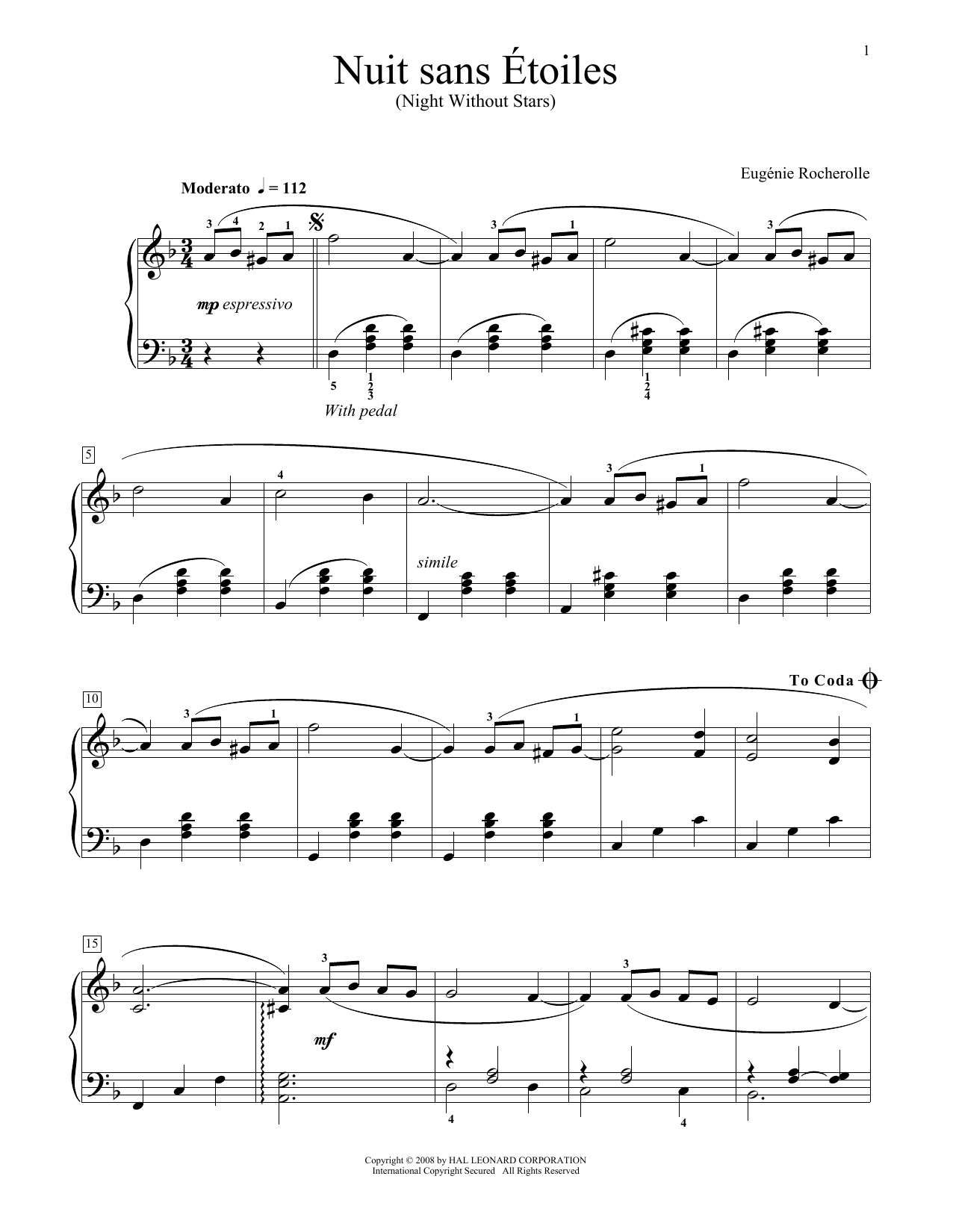 Eugénie Rocherolle Nuit Sans Etoiles (Night Without Stars) Sheet Music