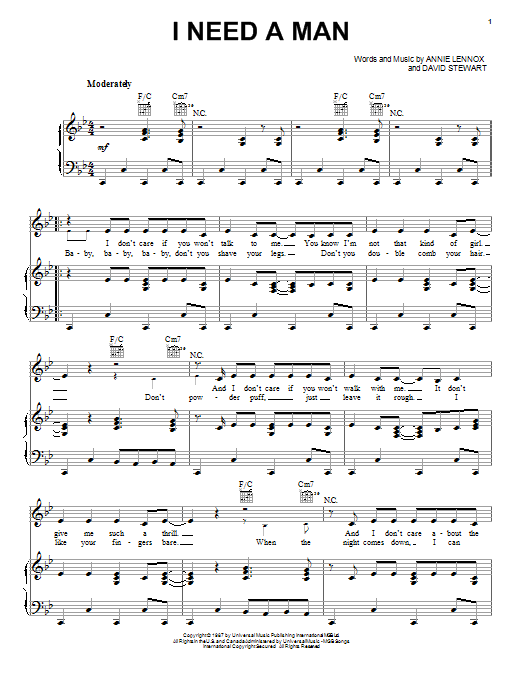 Eurythmics I Need A Man Sheet Music