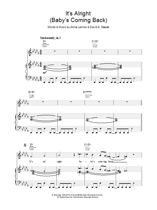 Eurythmics It's Alright (Baby's Coming Back ) Sheet Music