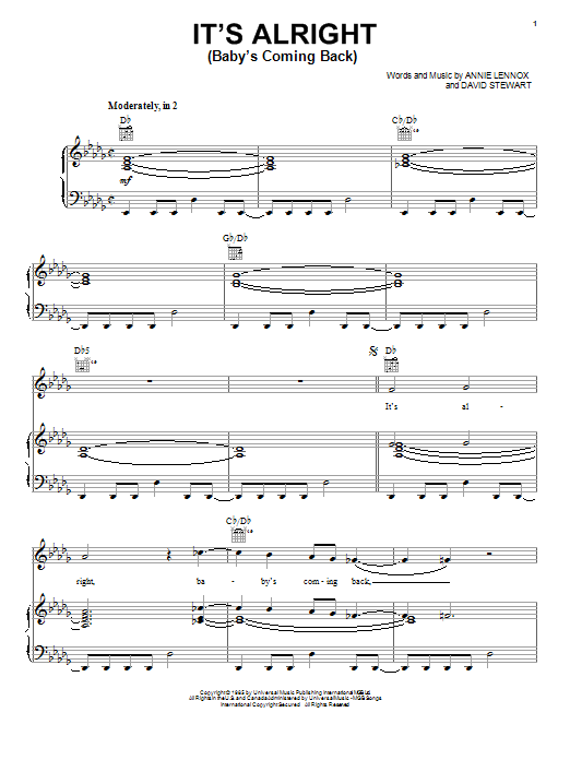 Eurythmics It's Alright (Baby's Coming Back) Sheet Music