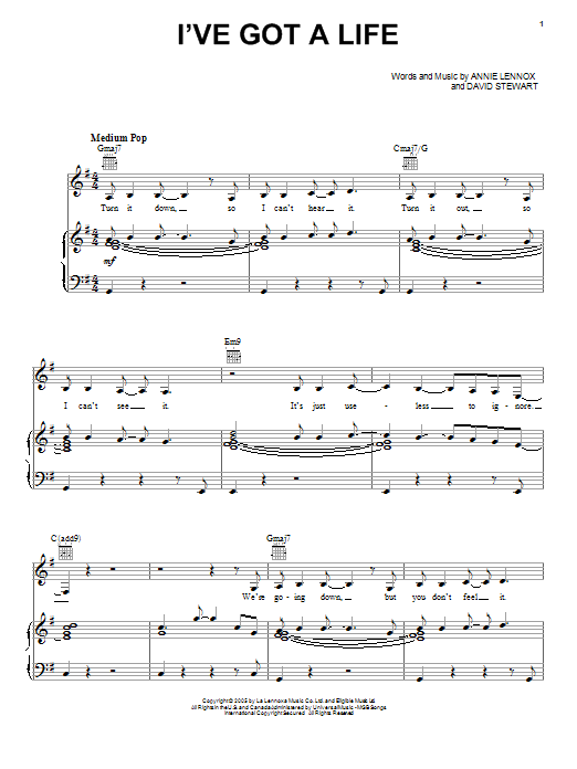 Eurythmics I've Got A Life Sheet Music