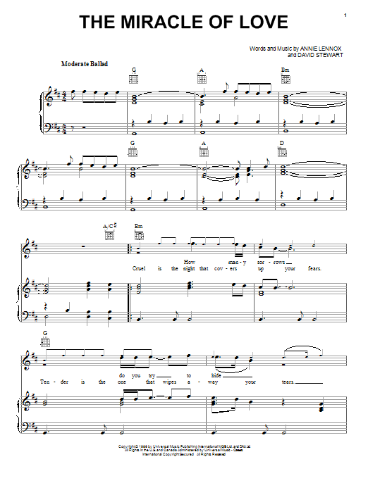 Eurythmics Miracle Of Love Sheet Music