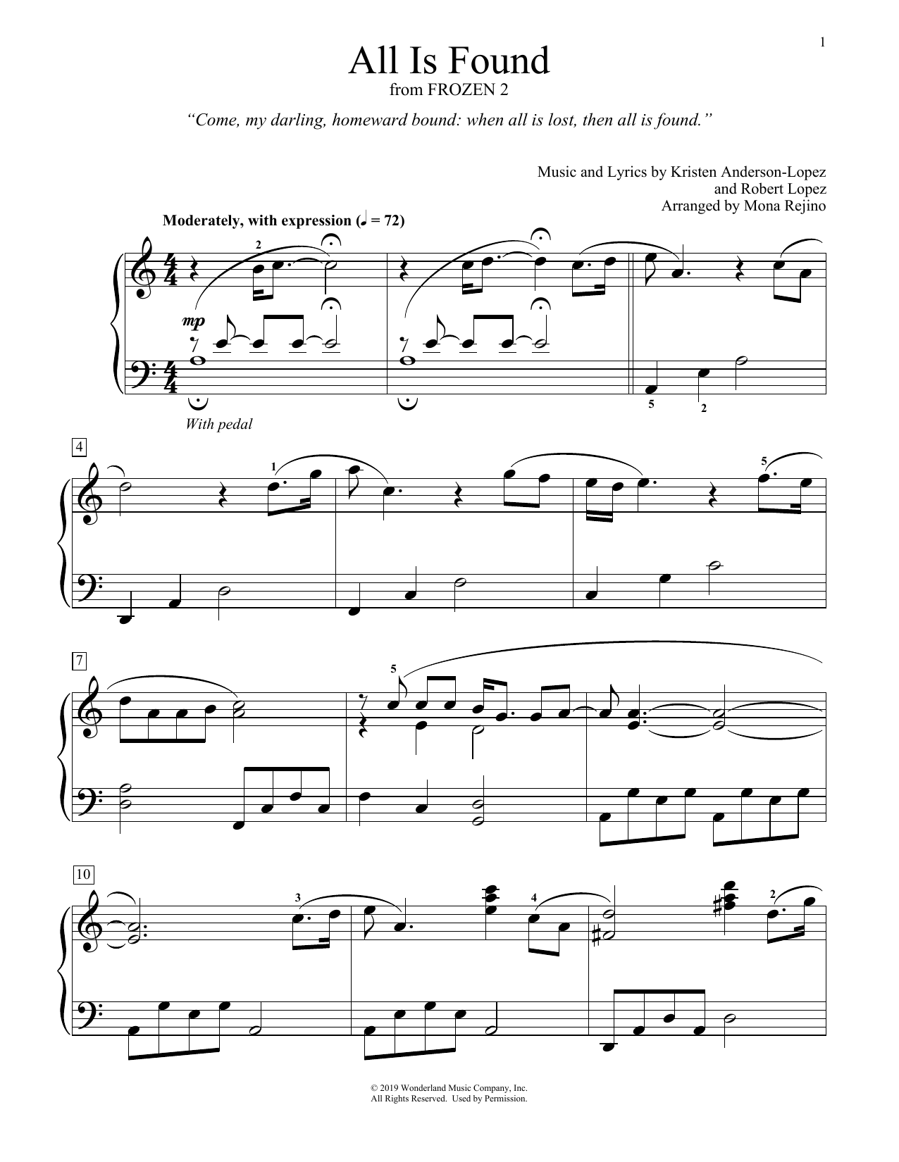 Evan Rachel Wood All Is Found (from Disney's Frozen 2) (arr. Mona Rejino) Sheet Music
