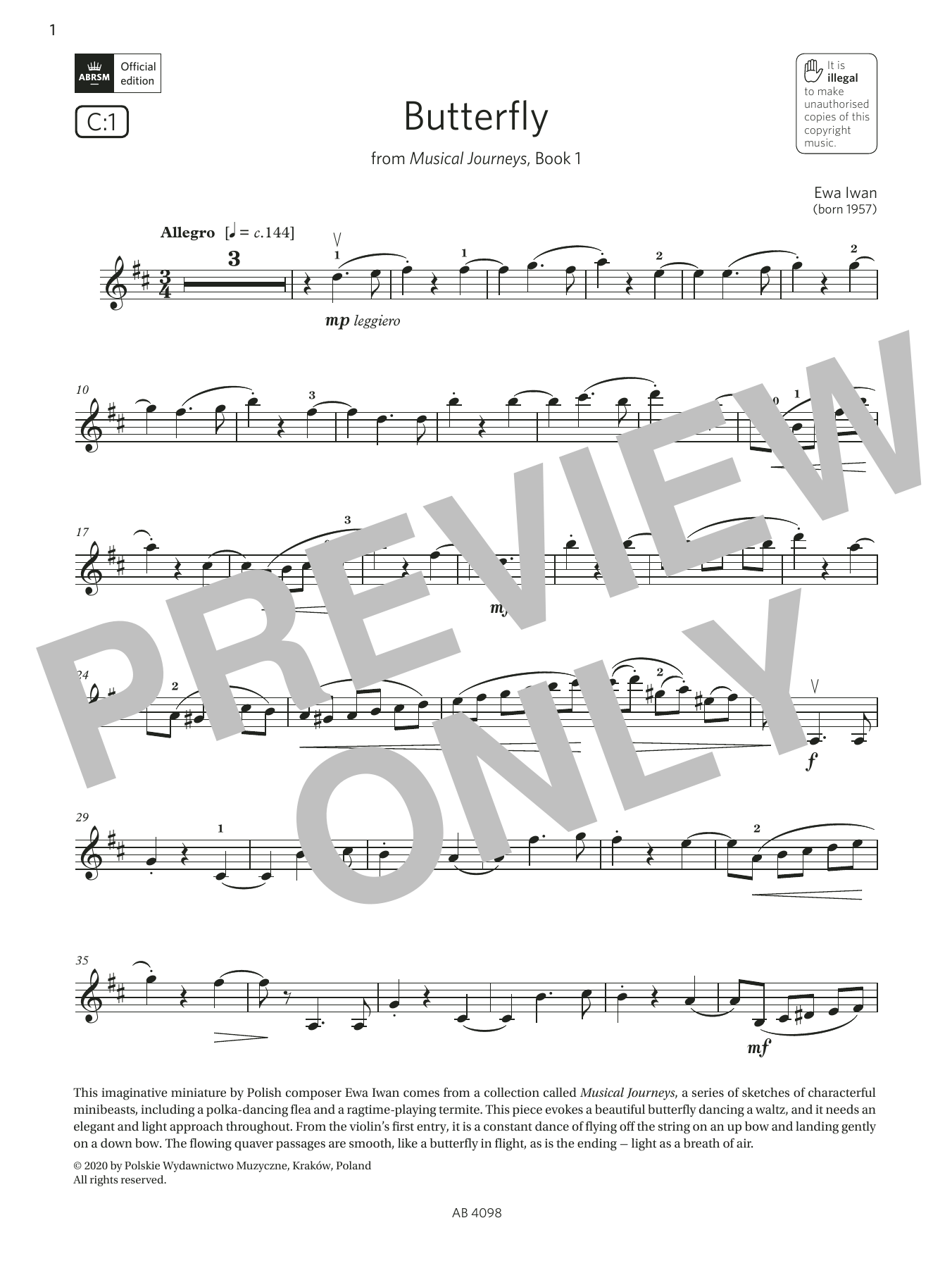 Ewa Iwan Butterfly (Grade 4, C1, from the ABRSM Violin Syllabus from 2024) Sheet Music