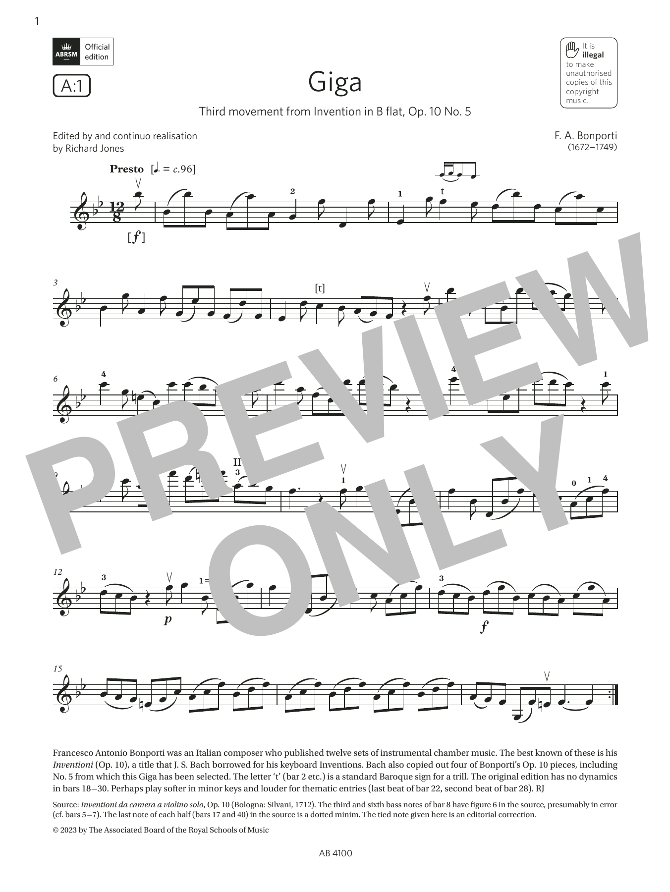 F. A. Bonporti Giga (Grade 6, A1, from the ABRSM Violin Syllabus from 2024) Sheet Music