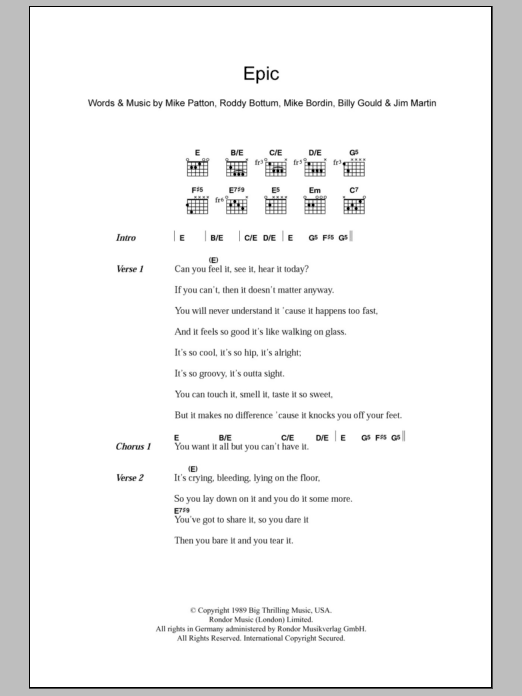 Faith No More Epic Sheet Music