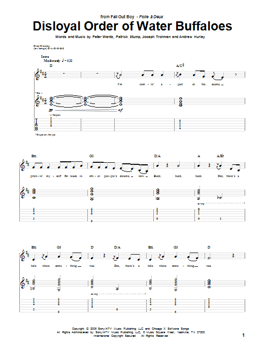 Fall Out Boy Disloyal Order Of Water Buffaloes Sheet Music