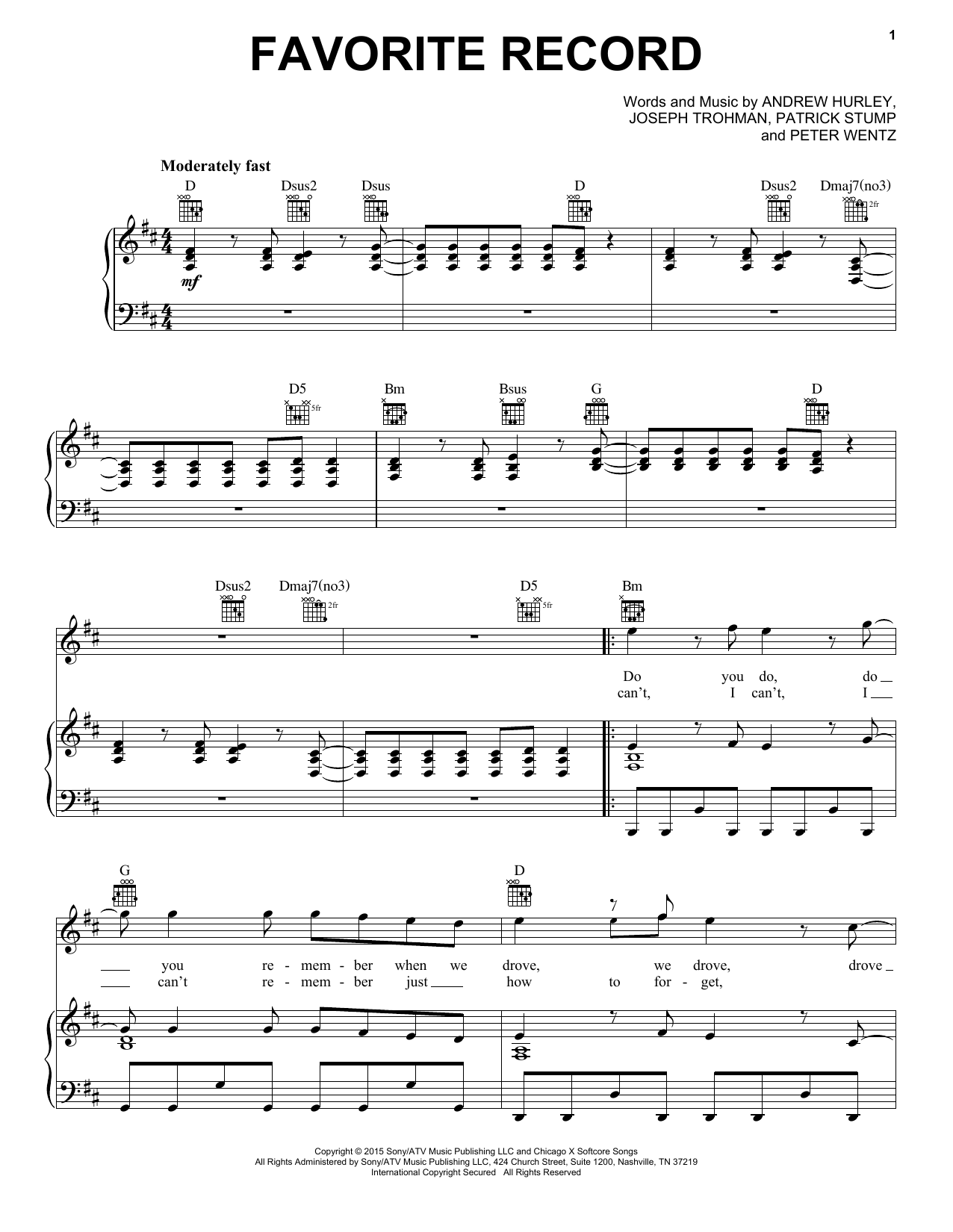Fall Out Boy Favorite Record Sheet Music