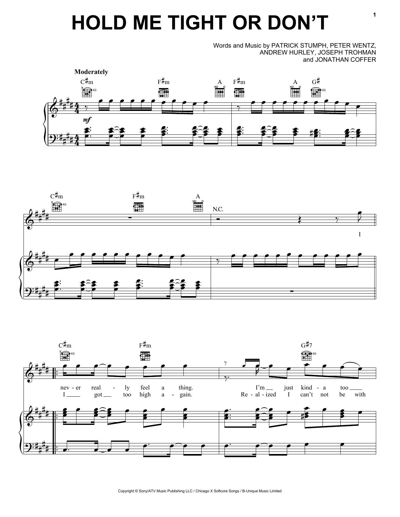 Fall Out Boy Hold Me Tight Or Don't Sheet Music