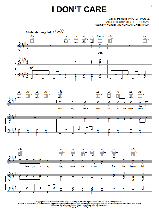 Fall Out Boy I Don't Care Sheet Music