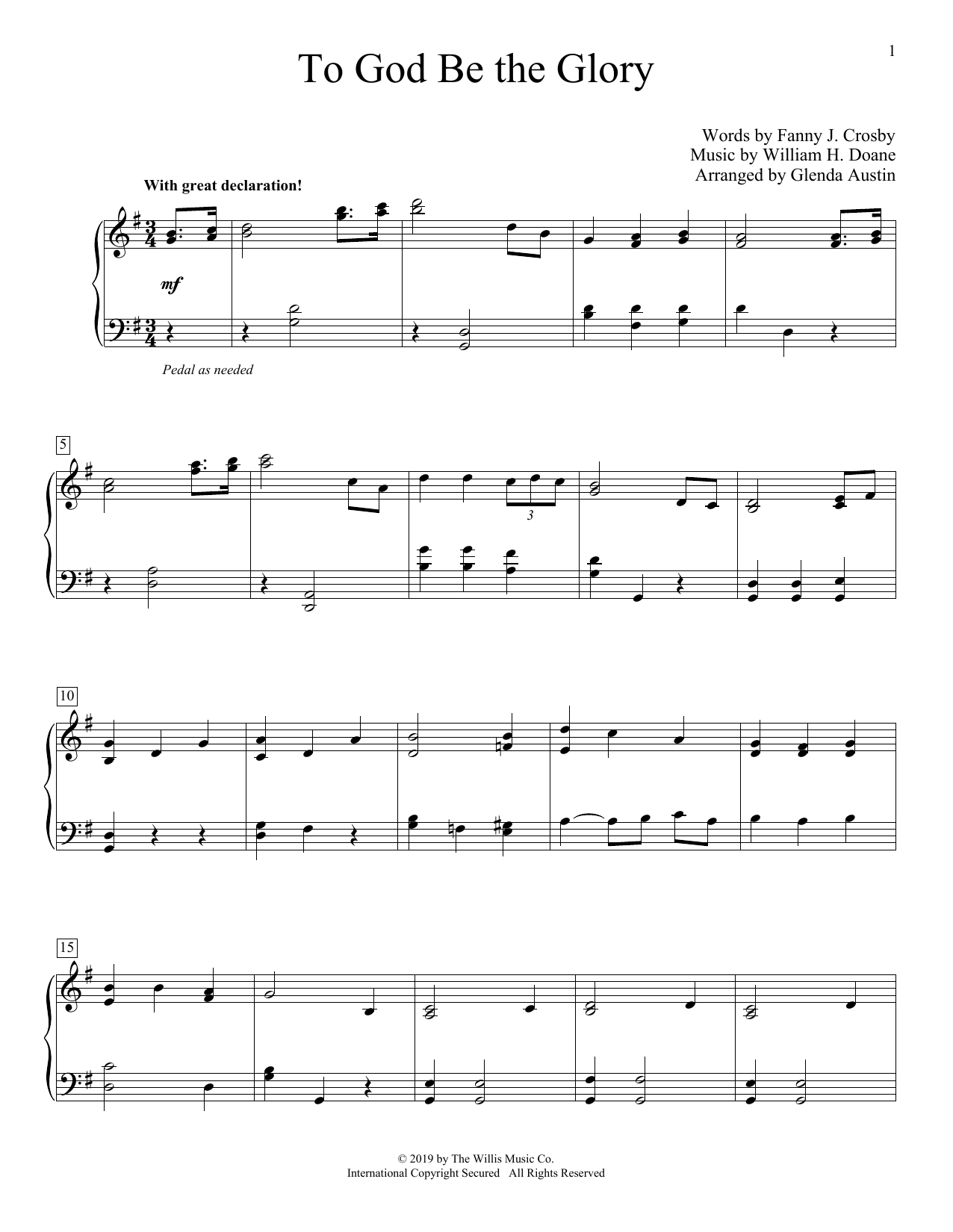Fanny J. Crosby To God Be The Glory (arr. Glenda Austin) Sheet Music