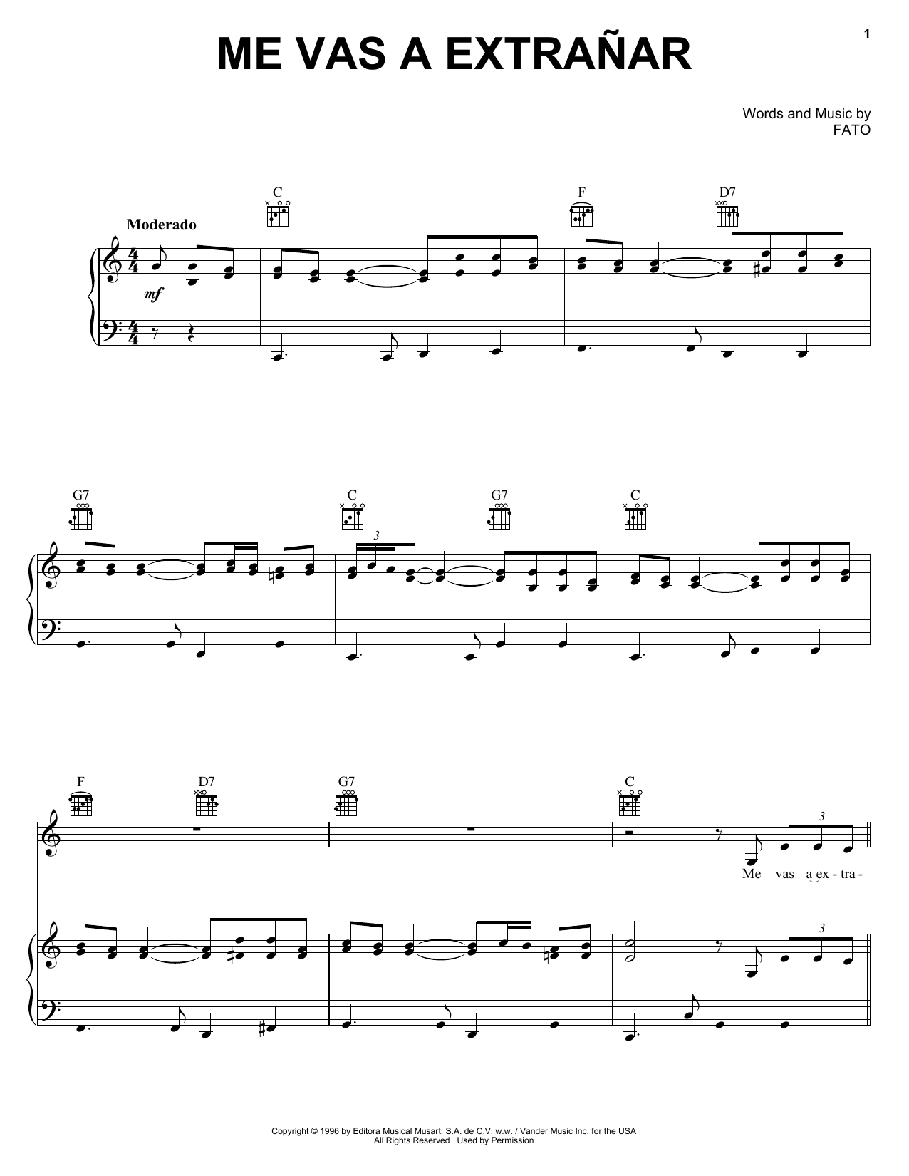 FATO Me Vas A Extranar Sheet Music