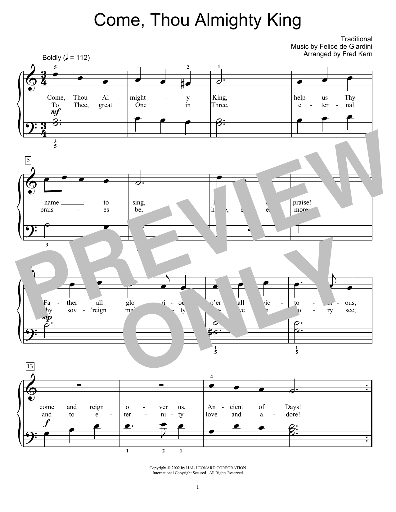 Felice de Giardini Come, Thou Almighty King (arr. Fred Kern) Sheet Music