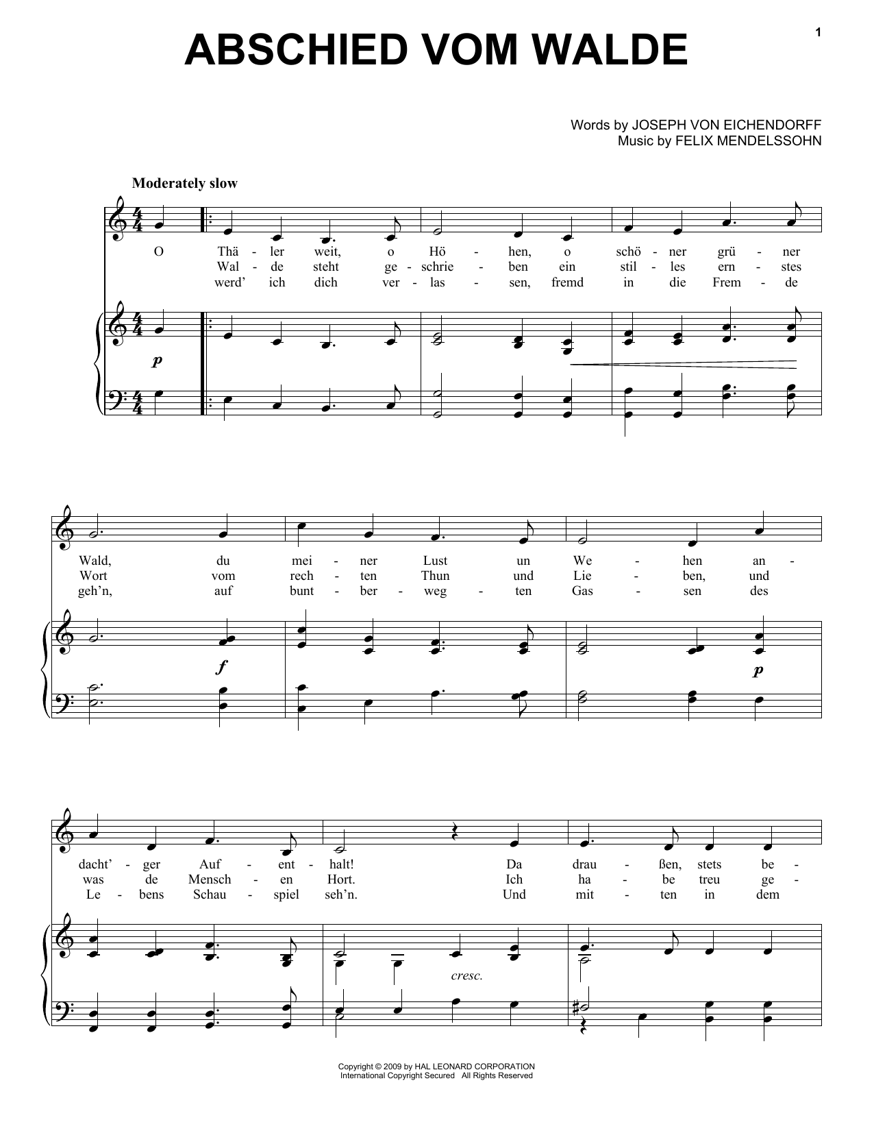 Felix Mendelssohn Abschied Vom Walde Sheet Music