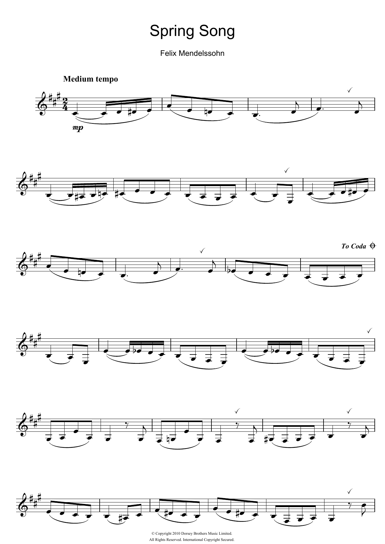 Felix Mendelssohn Spring Song, from Songs Without Words, Op.62 Sheet Music