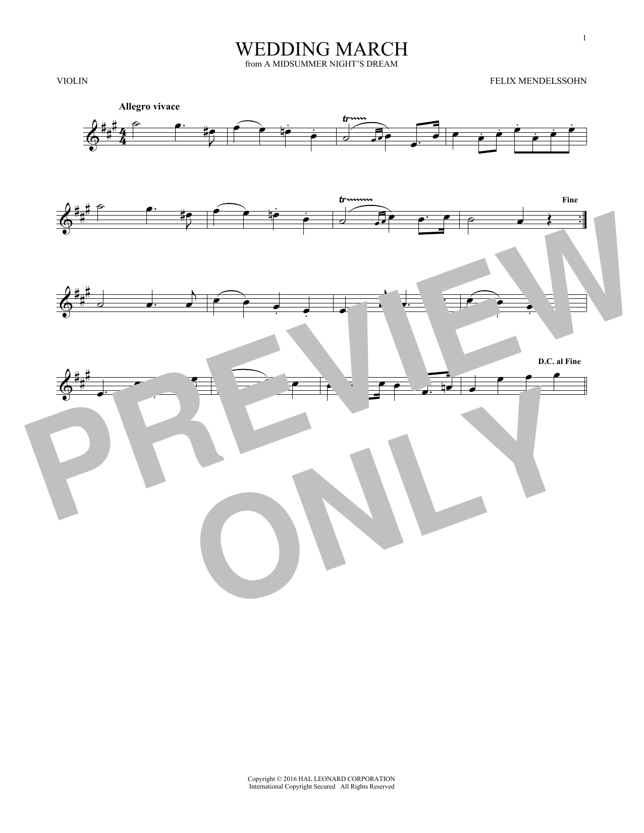 Felix Mendelssohn Wedding March Sheet Music
