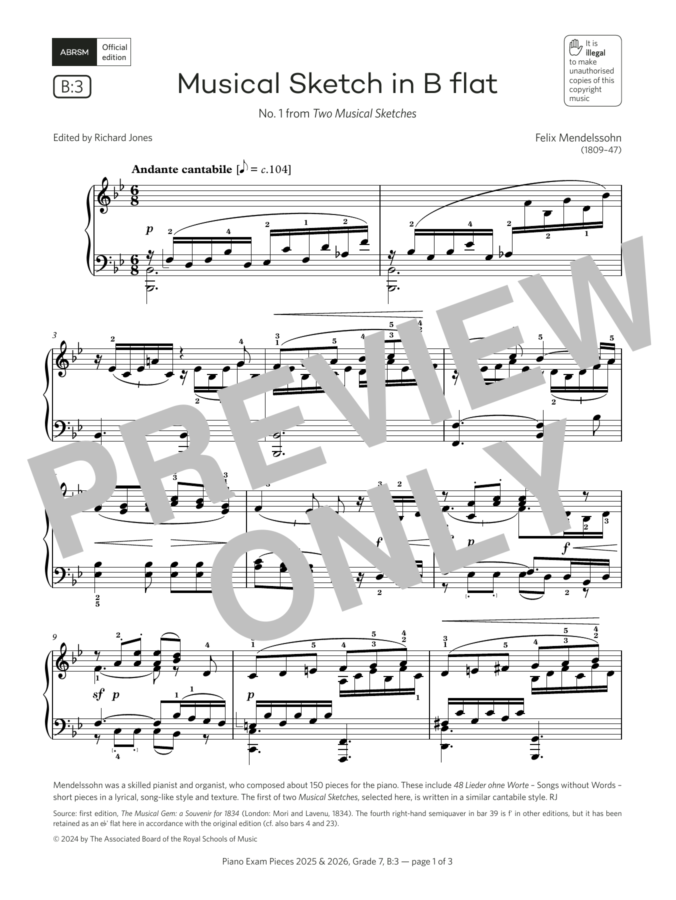 Felix Mendelssohn Musical Sketch in B flat (Grade 7, list B3, from the ABRSM Piano Syllabus 2025 & Sheet Music