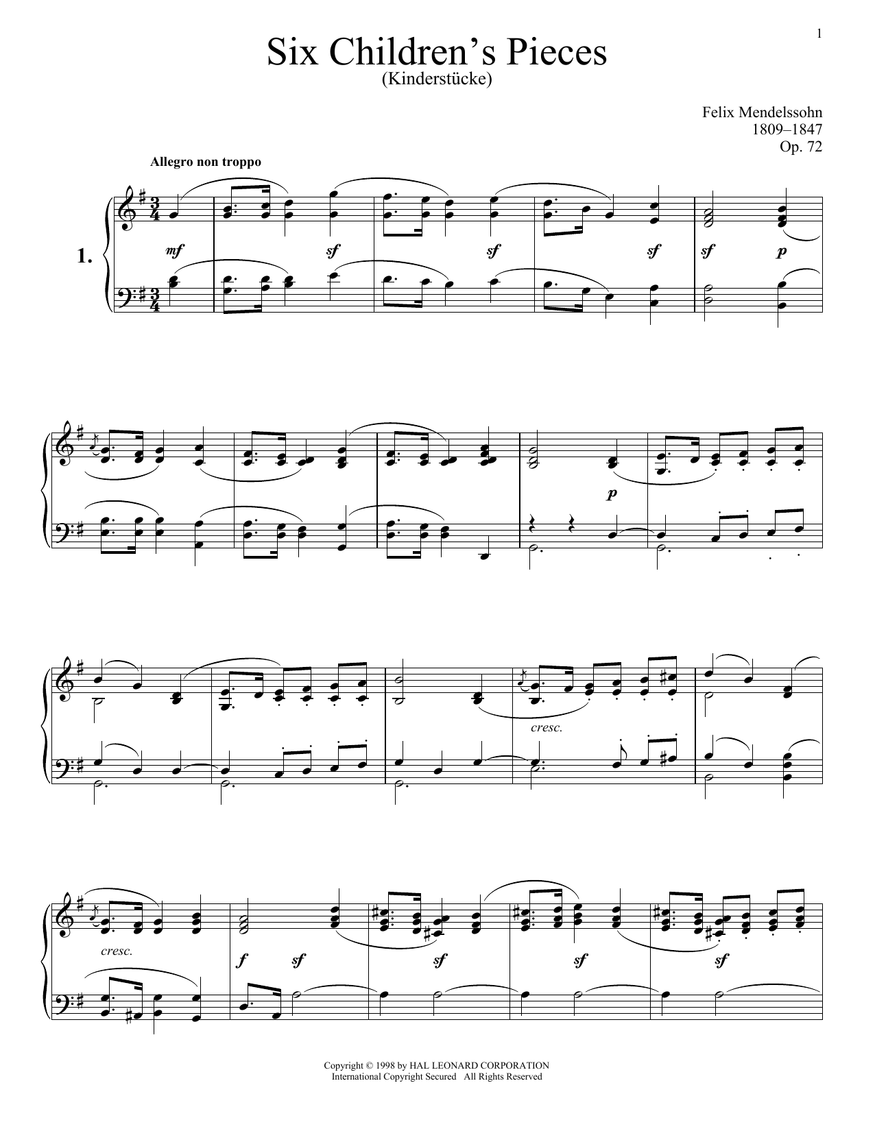 Felix Mendelssohn Six Children's Pieces (Kinderstucke), Op. 72 Sheet Music
