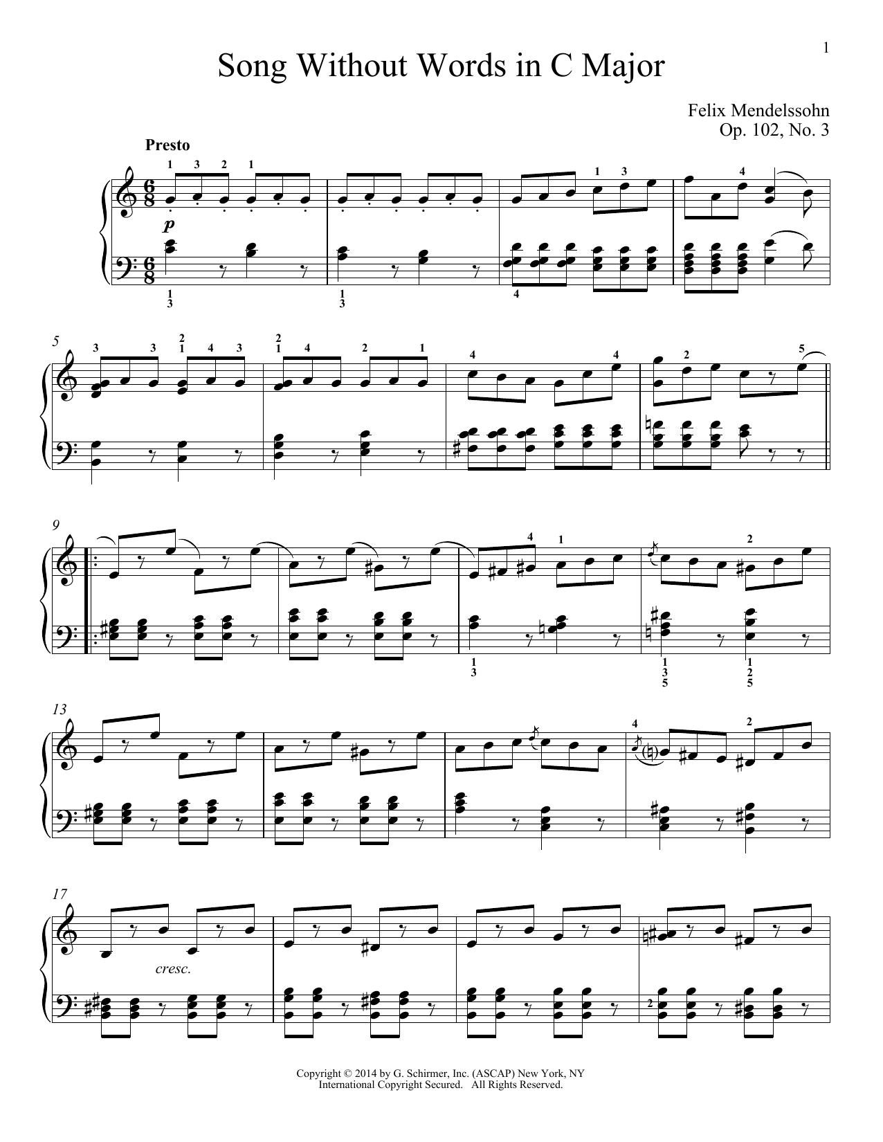 Felix Mendelssohn Song Without Words In C Major, Op. 102, No. 3 Sheet Music