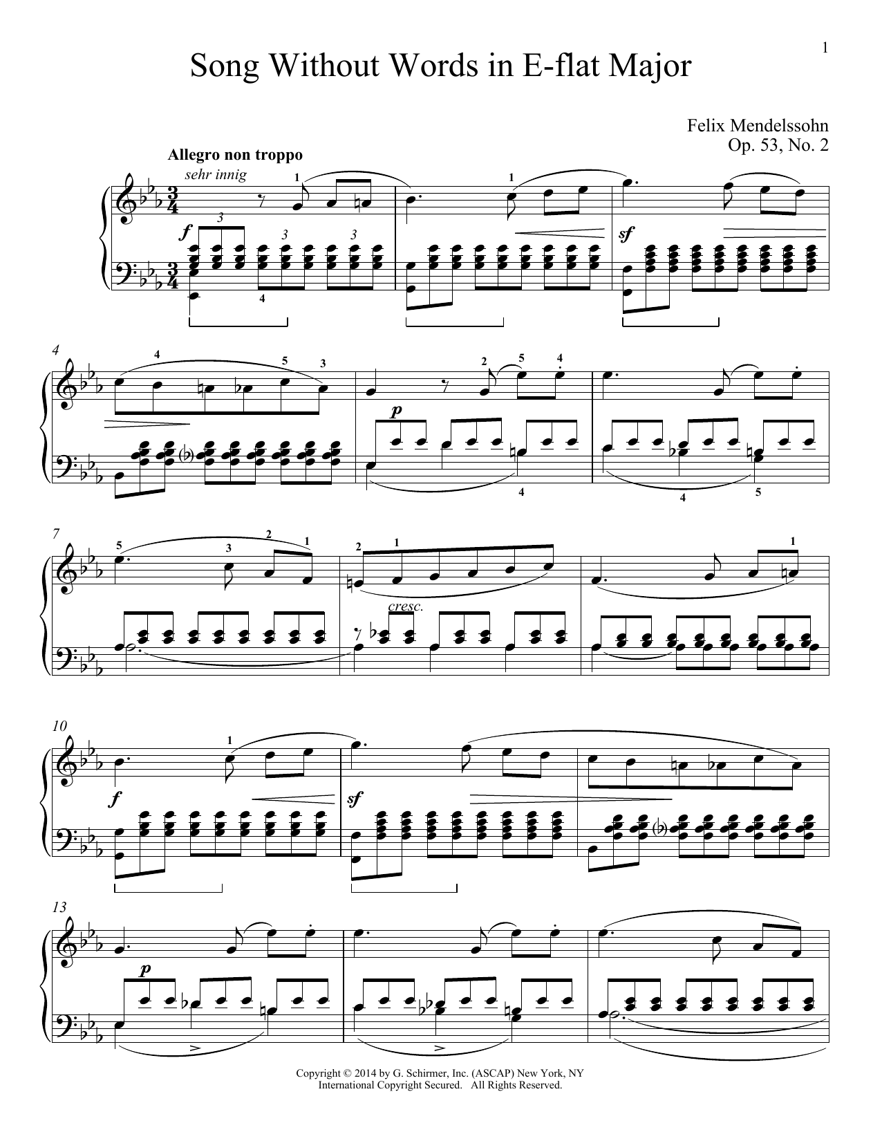 Felix Mendelssohn Song Without Words In E-Flat Major, Op. 53, No. 2 Sheet Music