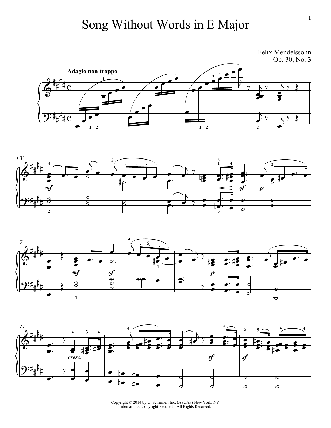 Felix Mendelssohn Song Without Words In E Major, Op. 30, No. 3 Sheet Music
