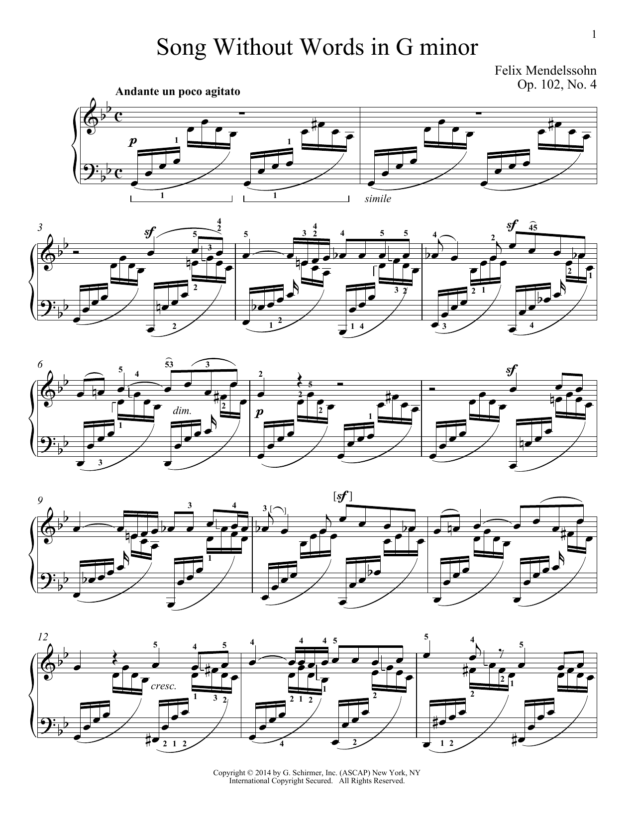 Felix Mendelssohn Song Without Words In G Minor, Op. 102, No. 4 Sheet Music