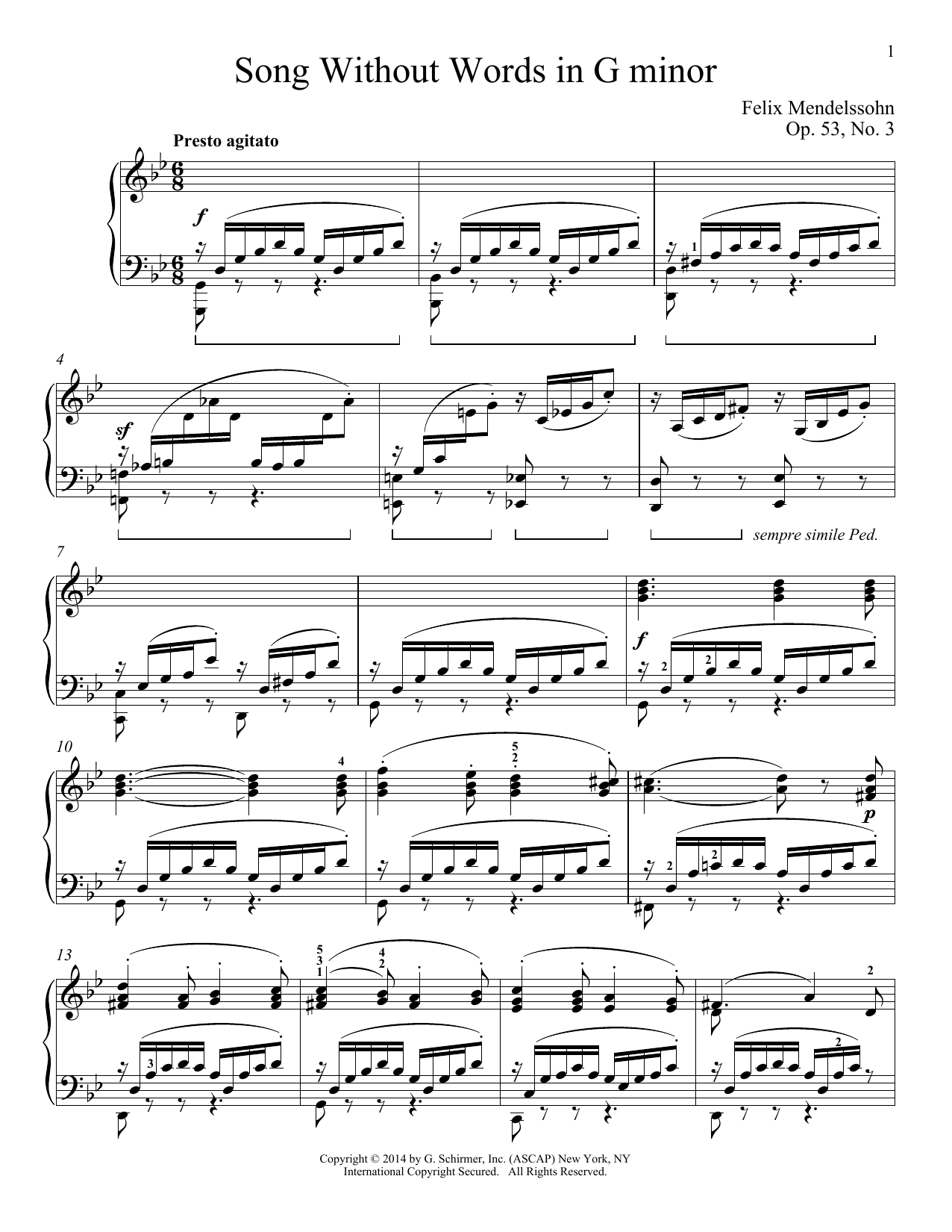 Felix Mendelssohn Song Without Words In G Minor, Op. 53, No. 3 Sheet Music