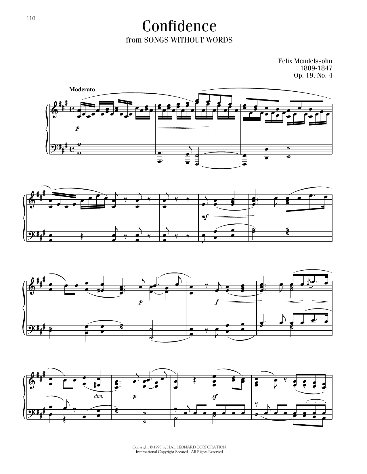 Felix Mendelssohn Song Without Words, Op. 19, No. 4 Sheet Music