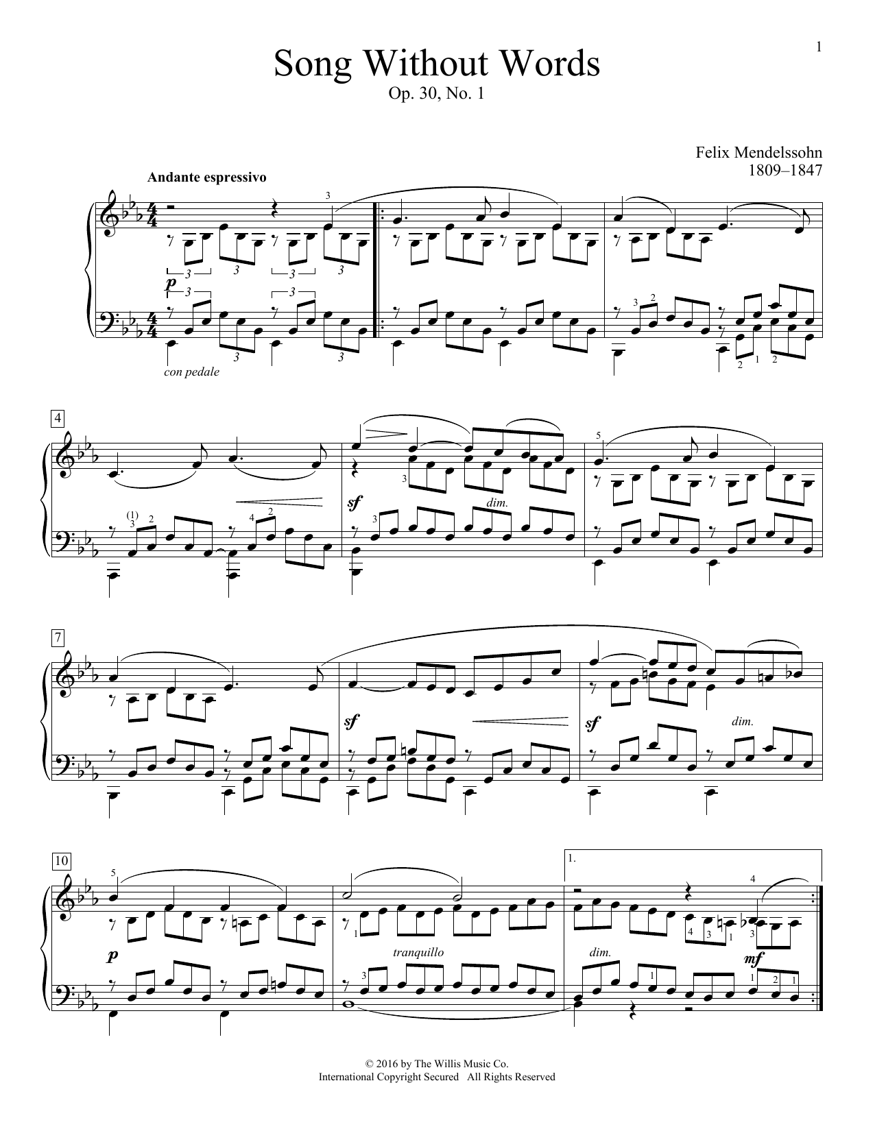 Felix Mendelssohn Song Without Words, Op. 30, No. 1 Sheet Music