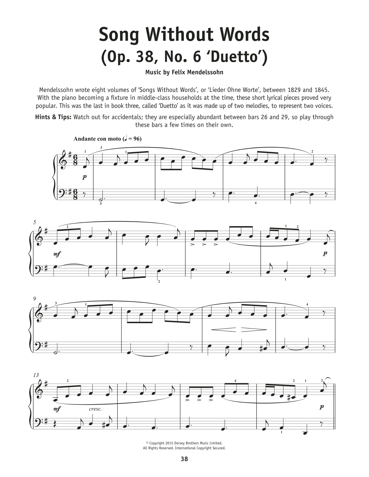 Felix Mendelssohn Song Without Words, Op. 38, No. 6 Sheet Music
