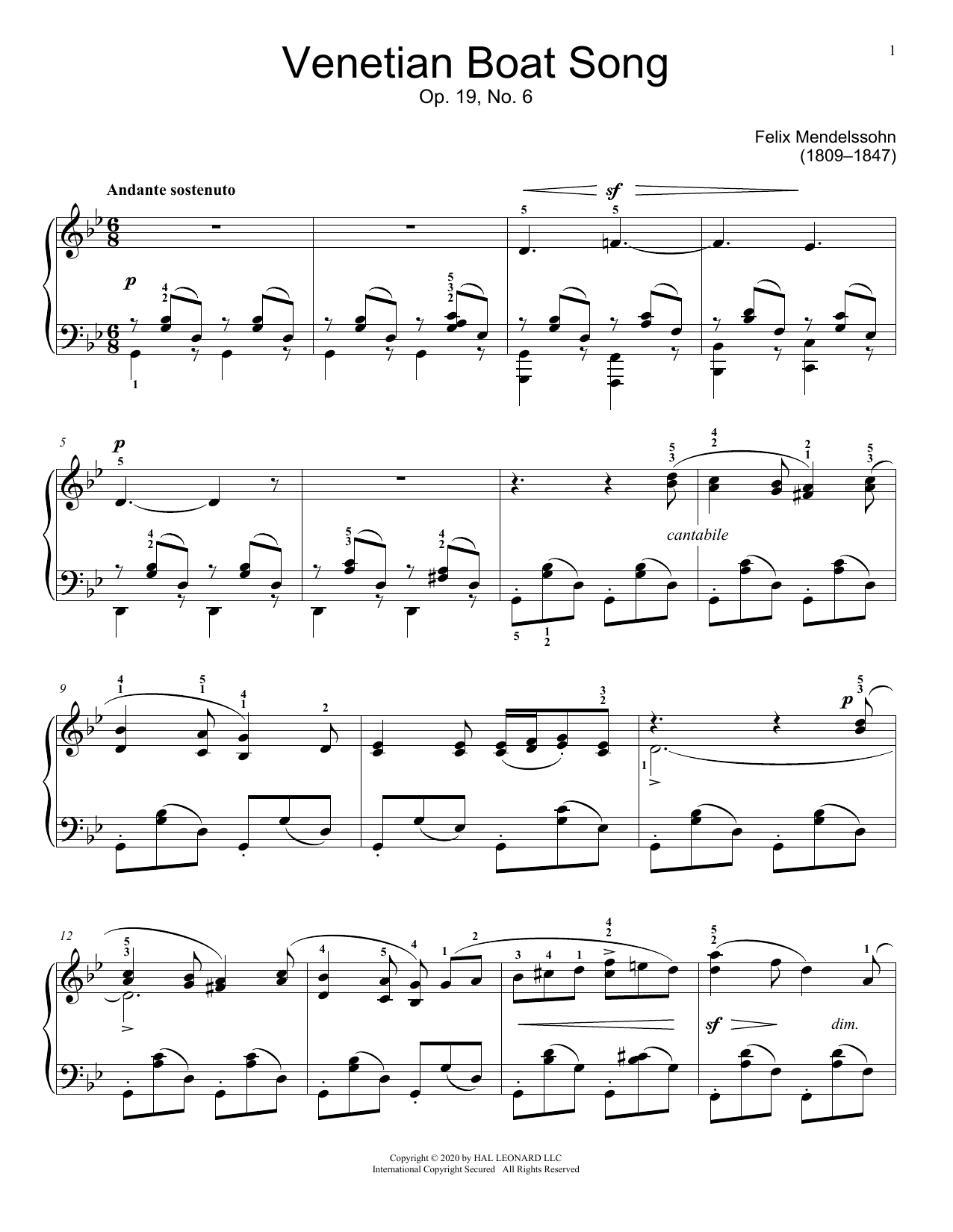 Felix Mendelssohn Venetian Boat Song, Op. 19, No. 6 Sheet Music