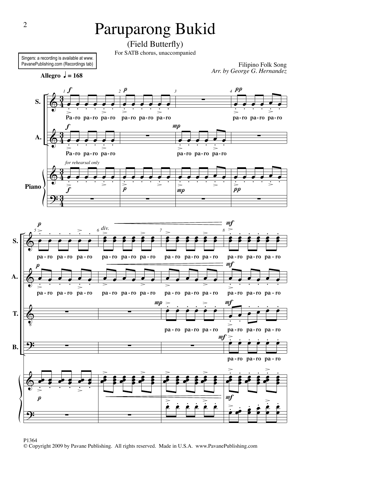 Filipino Folk Song Paruparong Bukid (Field Butterfly) (arr. George Hernandez) Sheet Music
