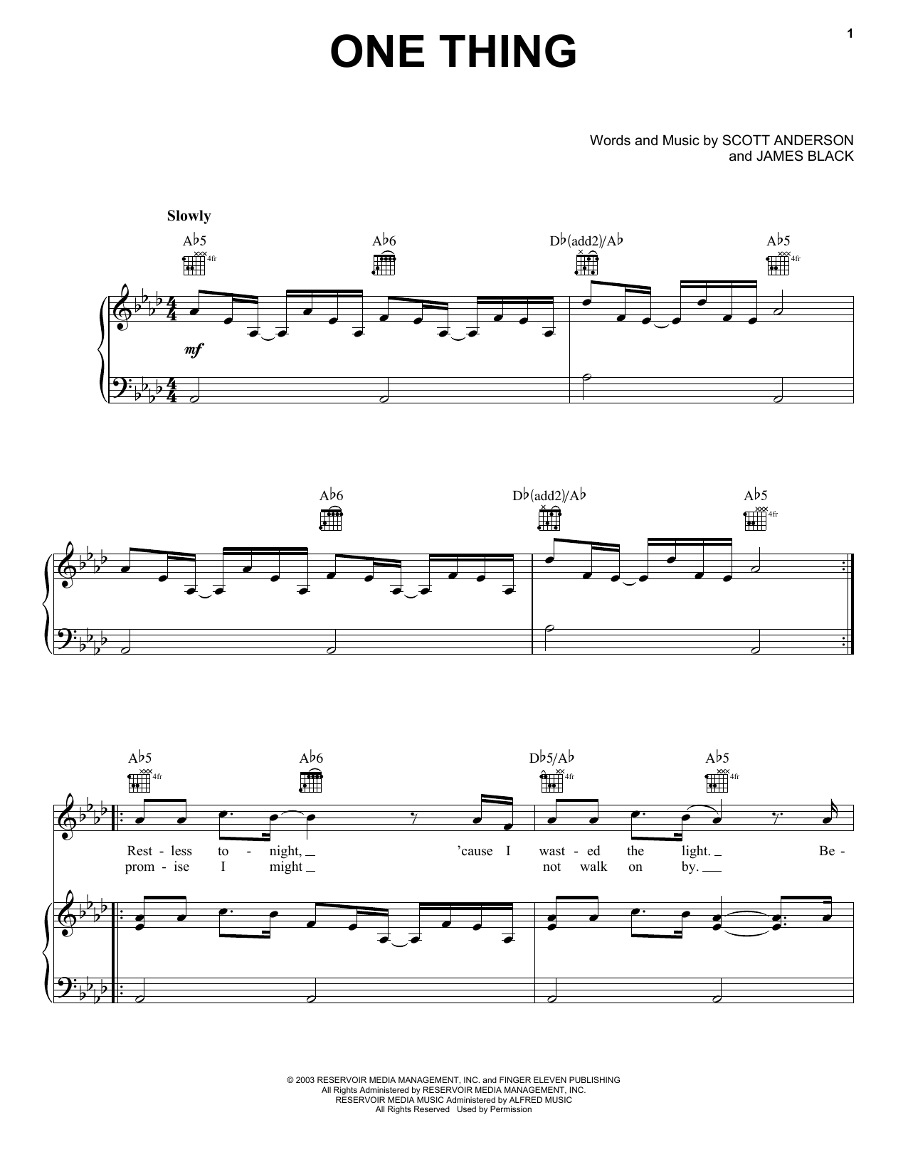 Finger Eleven One Thing Sheet Music