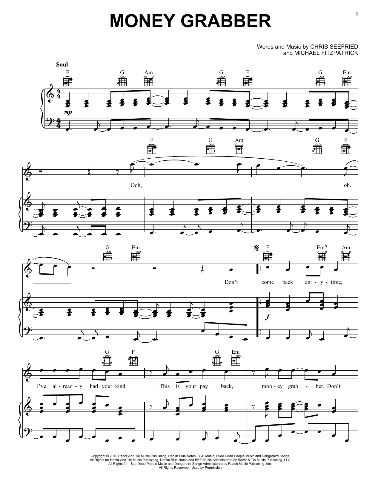 Fitz And The Tantrums Money Grabber Sheet Music