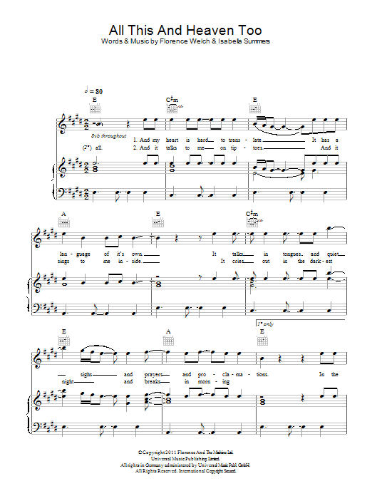 Florence And The Machine All This And Heaven Too Sheet Music