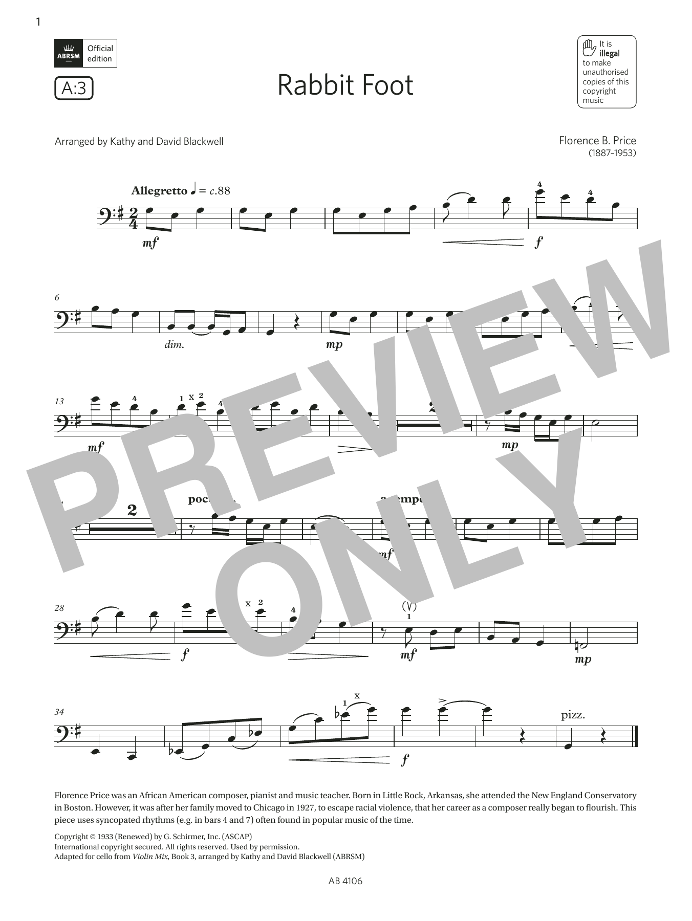 Florence B. Price Rabbit Foot (Grade 3, A3, from the ABRSM Cello Syllabus from 2024) Sheet Music