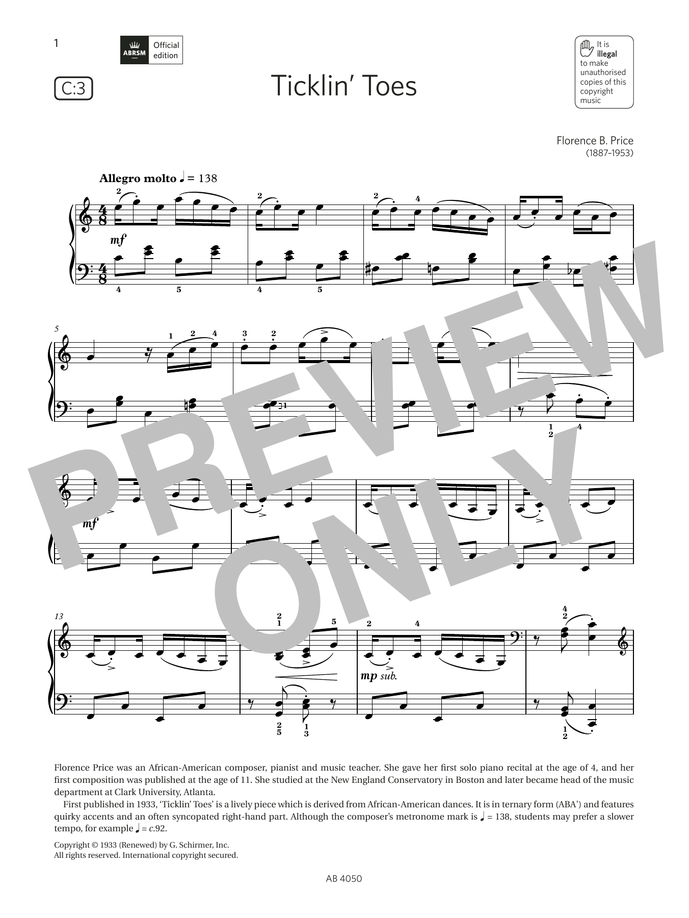 Florence B Price Ticklin Toes (Grade 4, list C3, from the ABRSM Piano Syllabus 2023 & 2024) Sheet Music