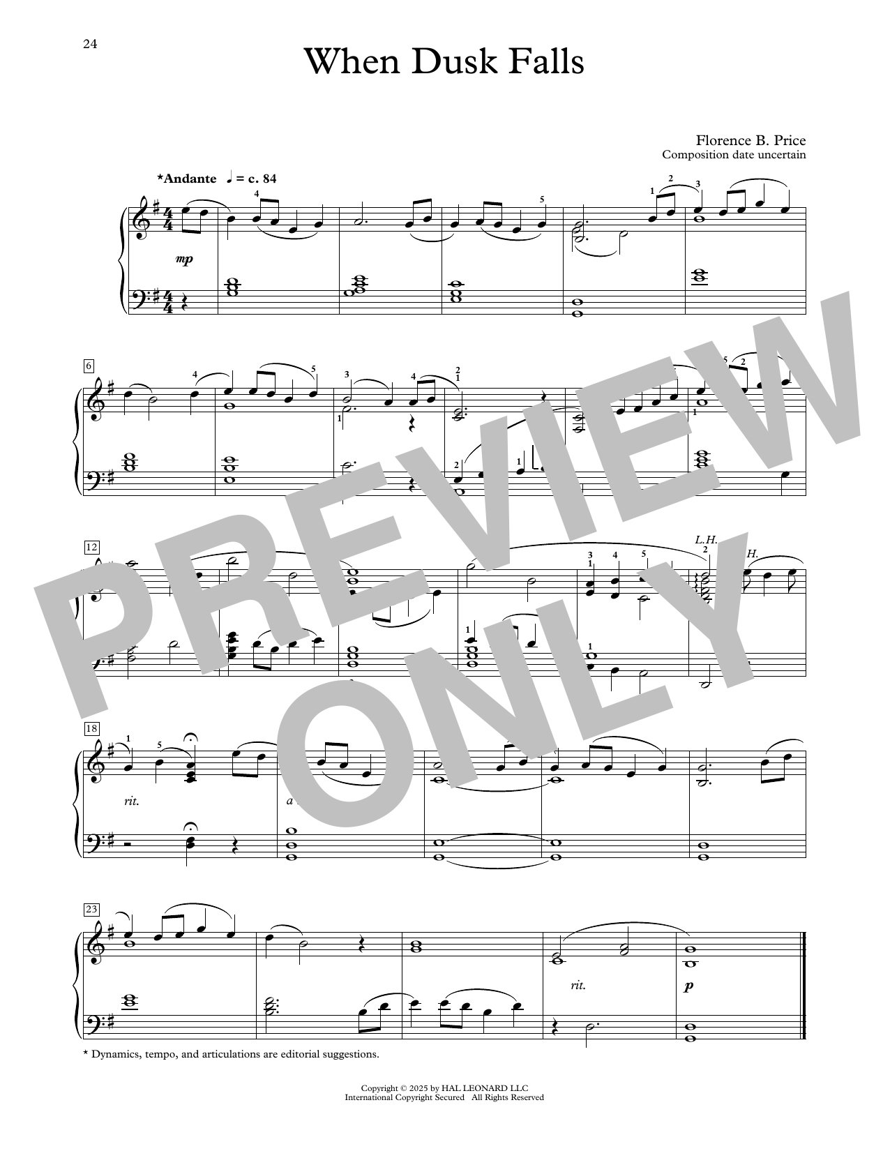 Florence Price When Dusk Falls Sheet Music
