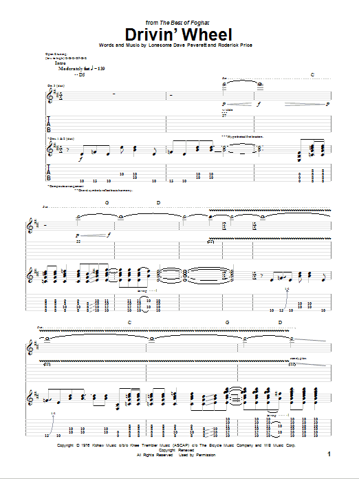 Foghat Drivin' Wheel Sheet Music