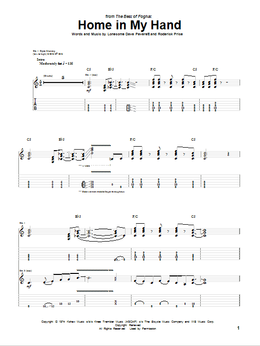 Foghat Home In My Hand Sheet Music
