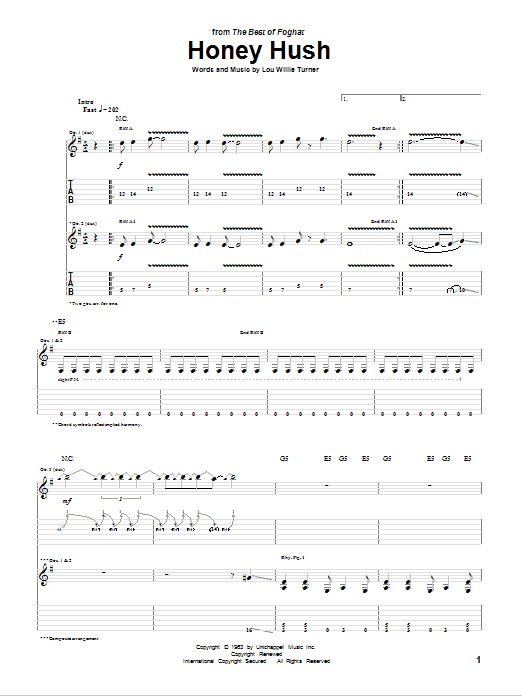 Foghat Honey Hush Sheet Music