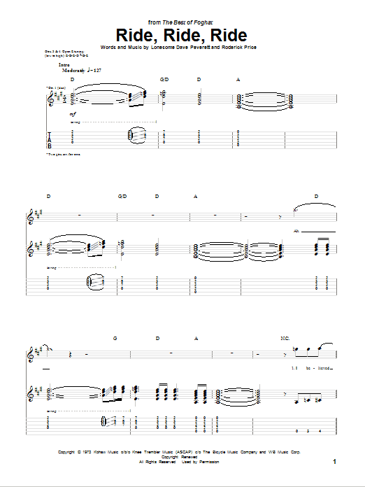 Foghat Ride, Ride, Ride Sheet Music