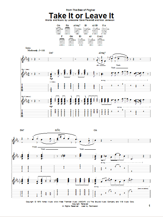 Foghat Take It Or Leave It Sheet Music